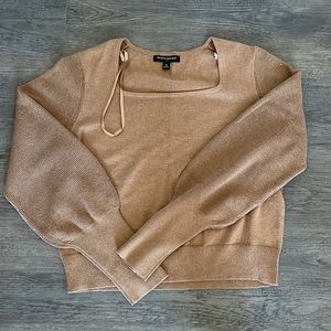 Brown square neck crop puff sleeve sweater